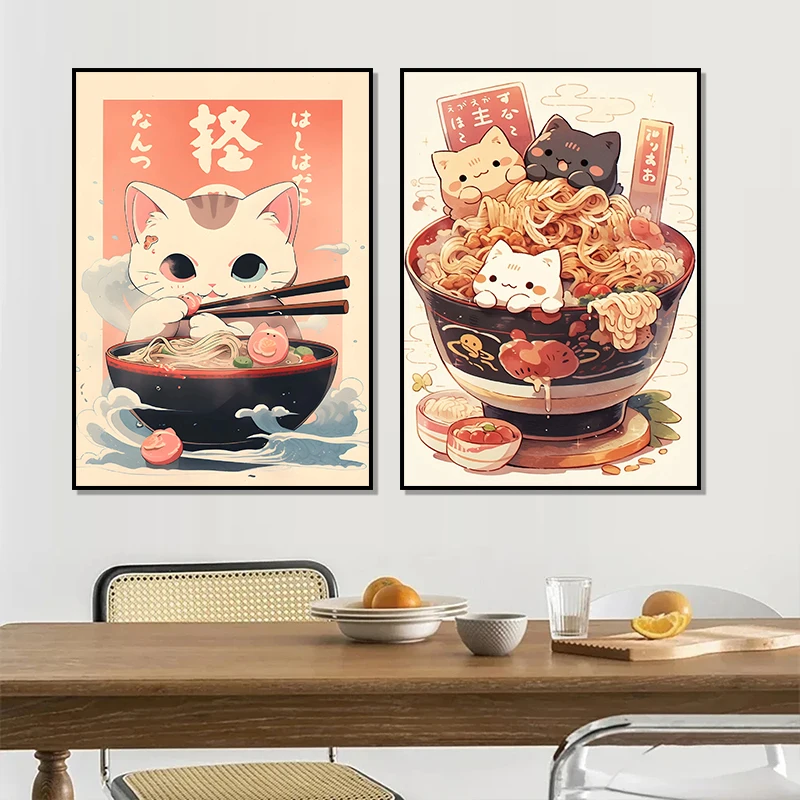 Kawaii Japanese Ramen Animal Cats Posters Canvas Paintings and Prints Noodles Food Wall HD Pictures For Kitchen Room Home Decor