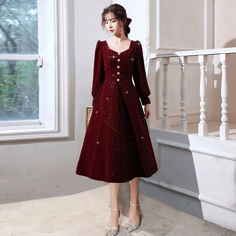 2025 primavera otoño mujeres cuello cuadrado Bling brillo vino vestido de terciopelo rojo, mujer arco delgado vestidos de terciopelo de cintura alta