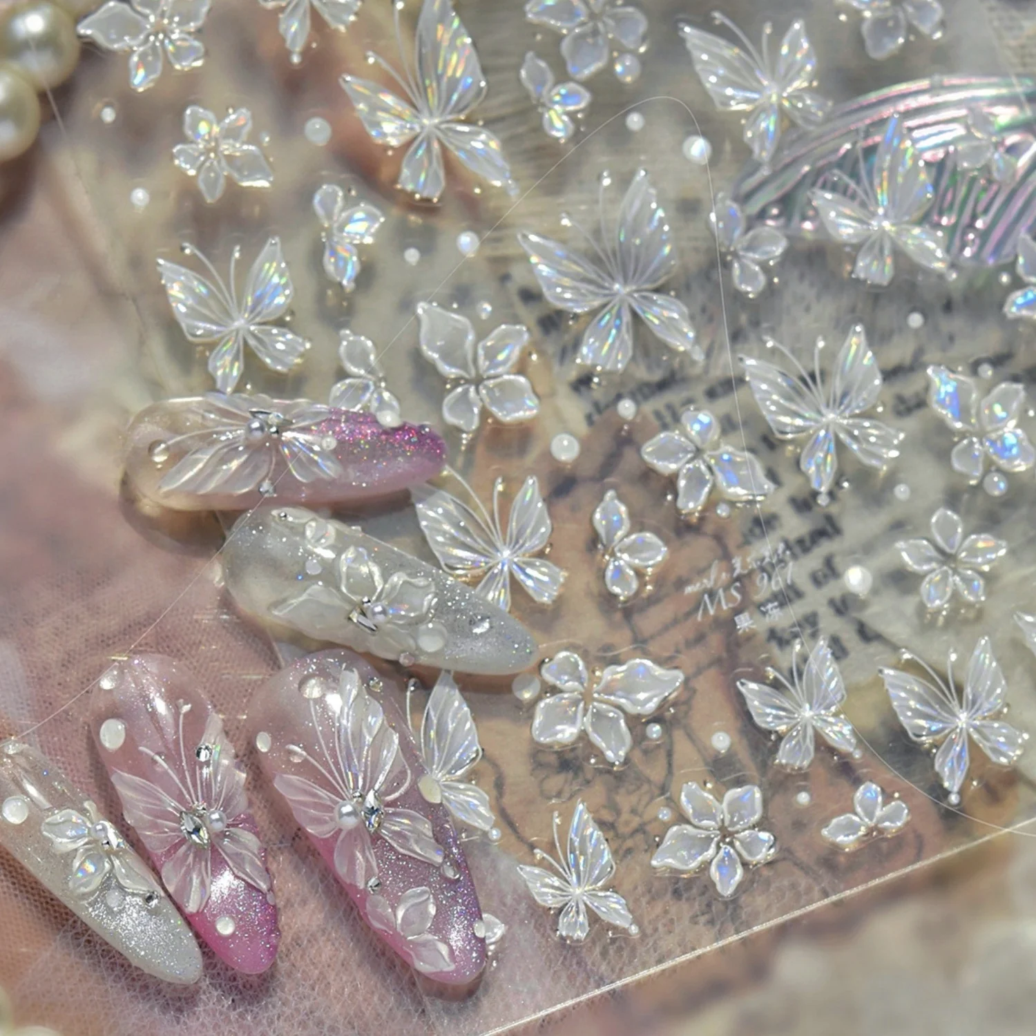 5D Laser Schmetterling Feen Nagelkunst Aufkleber Blumen Perlen Punkt Holographische Blumen Selbstklebende Abziehbilder Nageldekoration DIY