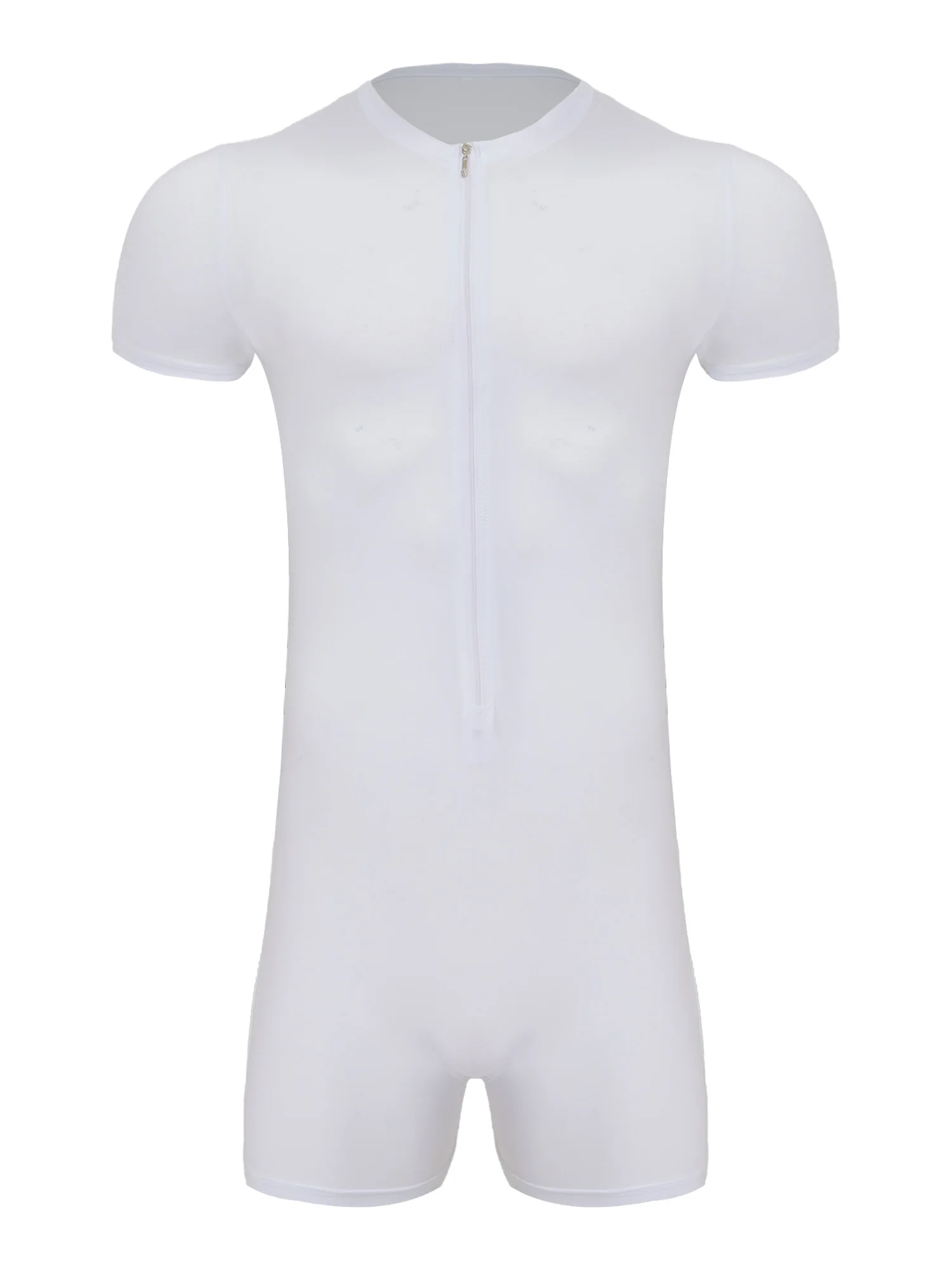 Men Boxer Shorts Leotard Bodysuit Boyshorts Bottom Short Sleeve Zip Bathing Suit for Beach Pool Swimming