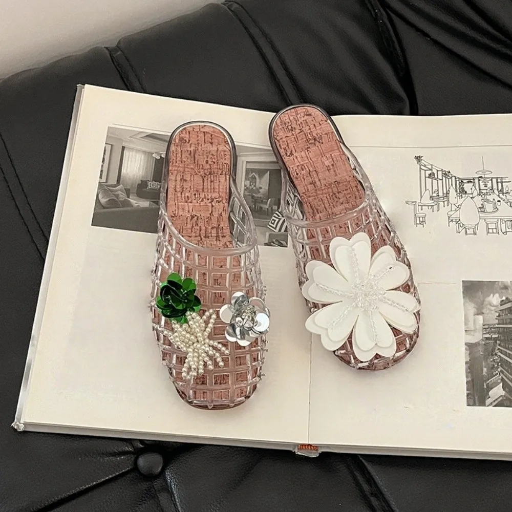 

Тапочки из ПВХ с круглым носком и кристаллами, Нескользящие прозрачные желейные сандалии с рыболовной сеткой, мягкая обувь на плоской подошве с низкой подошвой, обувь «сделай сам», подвески