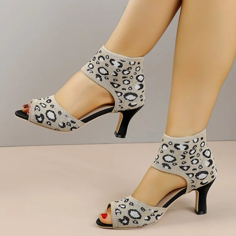 Summer New Peep Toe High Heel Sandals, Knitted Block Heel Women Shoes, Elegant Versatile Slimming Office Casual Dress Pumps view 6