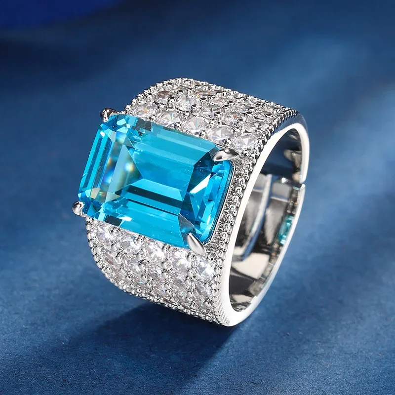 S925 เงิน 18K Gold Plated PT950 Platinum Aquamarine ขนาดเล็กอารมณ์สดชุดจี้แหวน 10*14