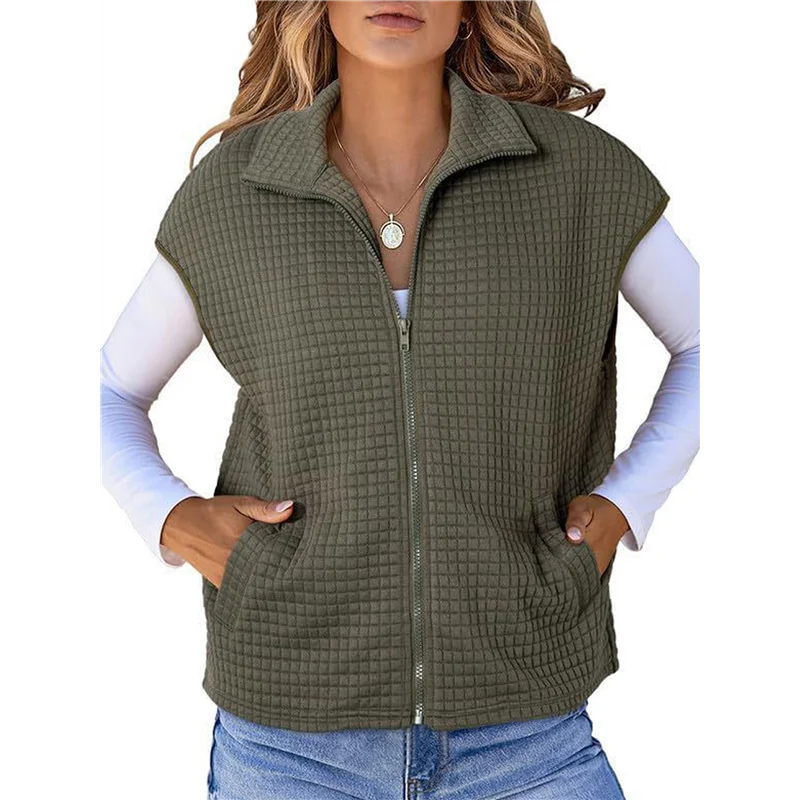 

ABP-Женский жилет, топы на молнии с короткими рукавами и боковыми карманами, вафельный трикотаж, большие жилеты без рукавов, армейский зеленый размер XL