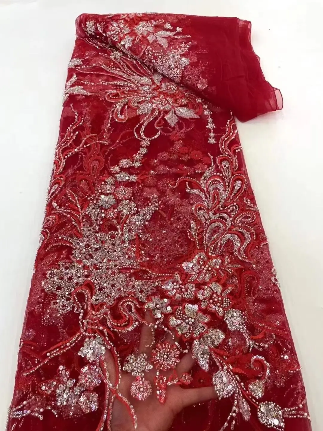 

High Quality Luxury Embroidery Squins Tulle Lace With beads J-1215285 Fabric for African Wedding Dress