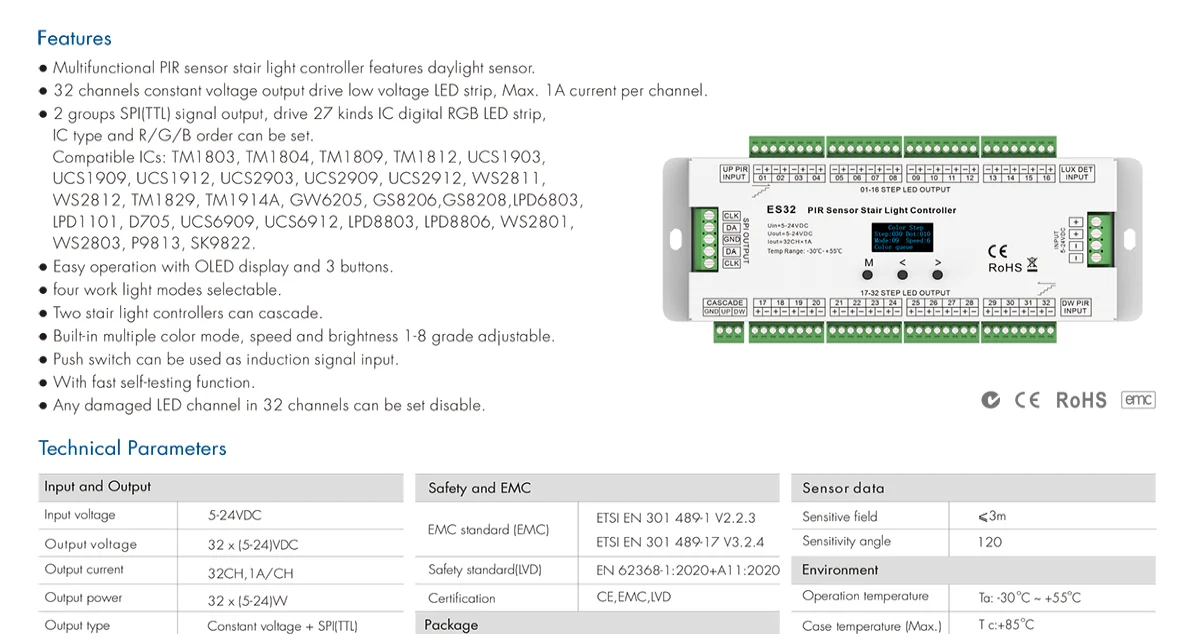 ES32 PIR sensore a infrarossi per il corpo umano Controller per luce per scale 32CH e IR sonda a induzione per gradini per scale 5VDC per striscia