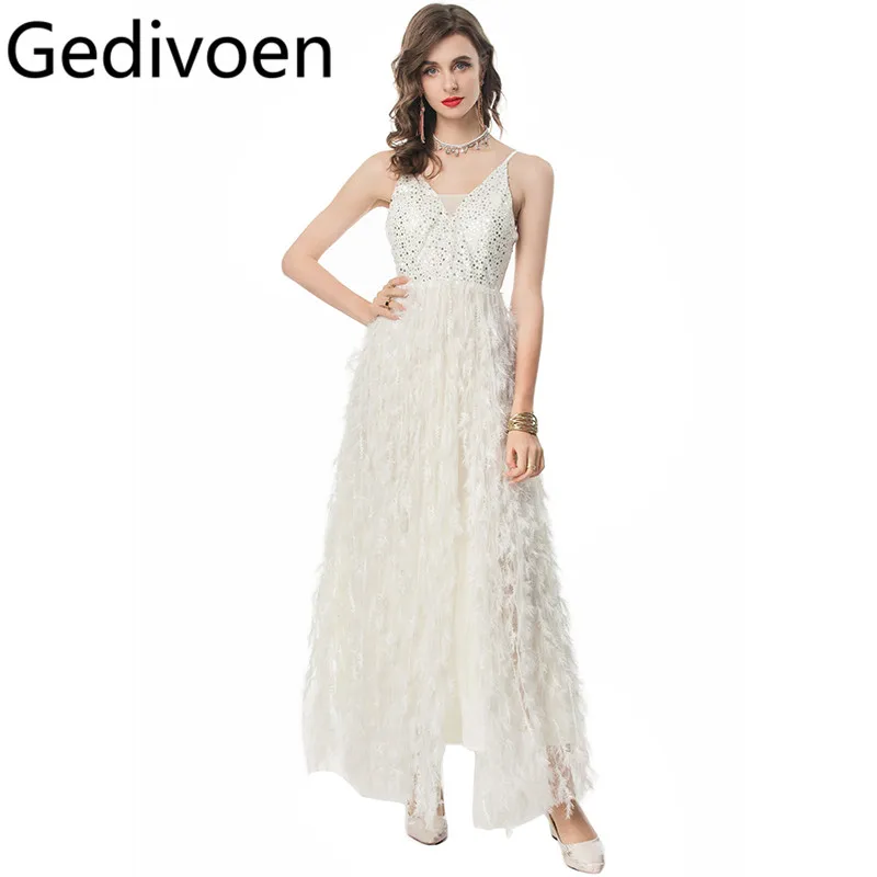 

Gedivoen Summer Fashion Runway Designer Dresses Women's Sexy Temperament Sequins Feathers Backless Spaghetti Strap Dresses