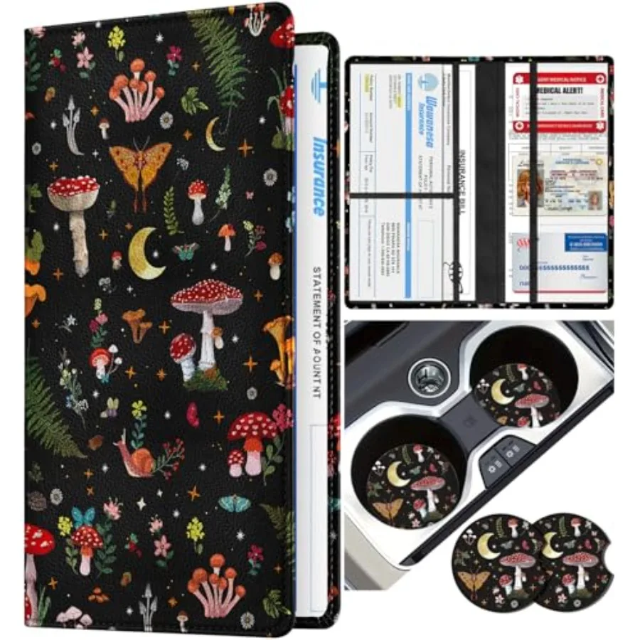 Car Registration and Insurance Holder - Mushroom Vehicle Glove Box Organizer Women with Magnetic Shut Leather Automobile Licens