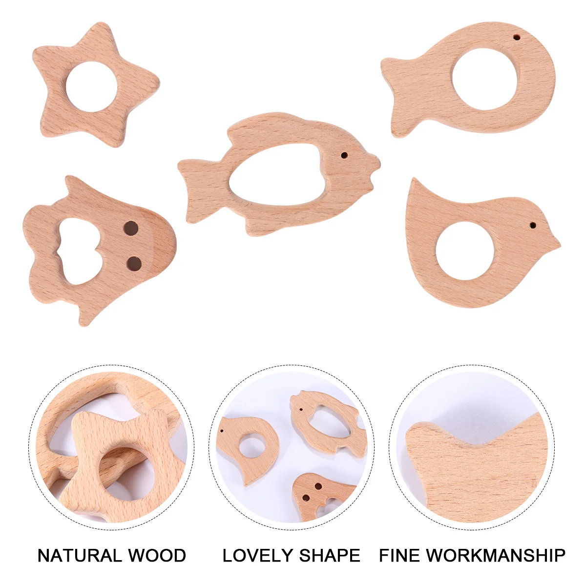 유아용 나무 치발기 5개, 천연 나무 치통 완화, 동물 모양 학습 활동, 아기 씹는 링