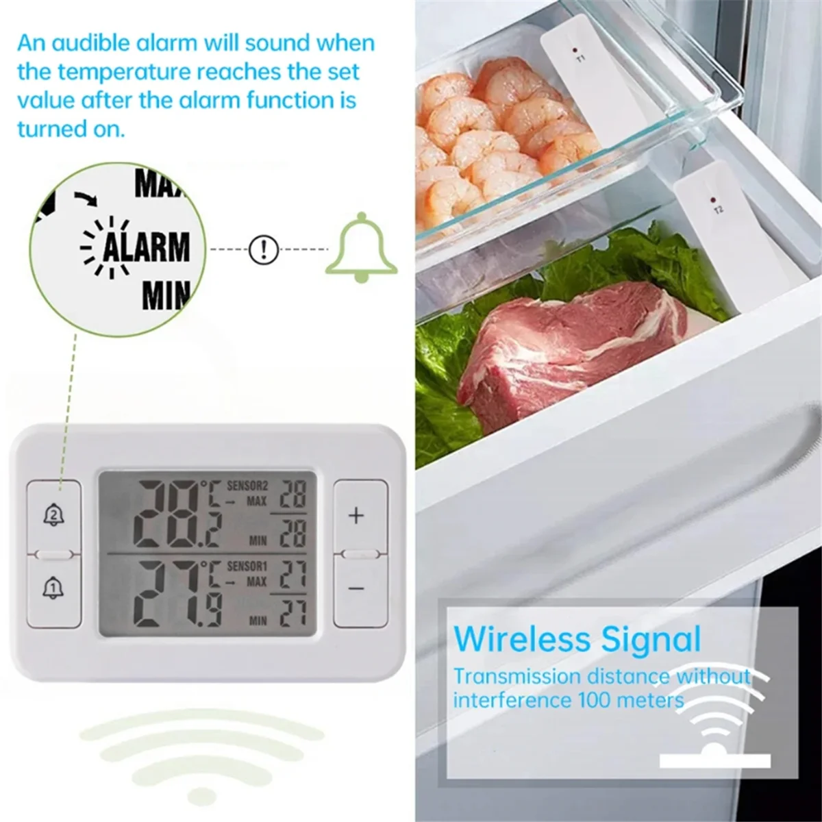 Wireless Transmission Thermometer LCD Digital Alarm Refrigerator Freezer Electronic Temperature Sensor Indoor Outdoor