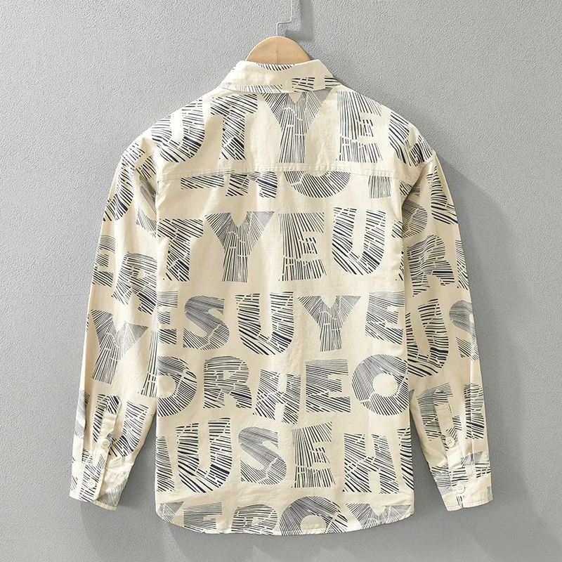 Modieus Shirt Met Letterprint Voor Heren Oversized Katoenen Casual Losse Shirts 2024 Herfst Nieuw Street Shirt