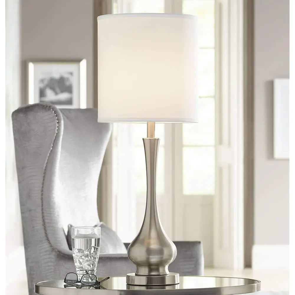 

Modern Buffet Table Lamp 32"" Tall Skinny Brushed Nickel Silver Metal Gourd White Fabric Cylinder Shade Decor Bedroom Living
