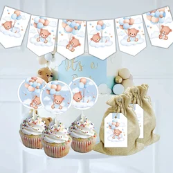 1set Pink Blue Balloon Bear Banner Paper Cupcake Topper Hanging Lebels For Baby Shower Birthday Party Decorations DIY Supplies
