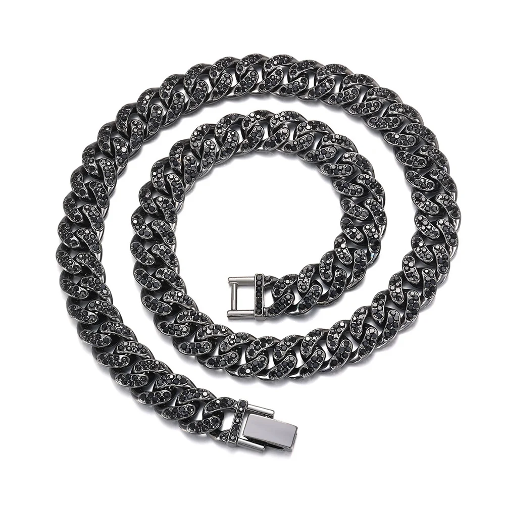 Hip Hop 1Set 13MM Full Iced Out Paved Black Rhinestones Miami Curb Cuban Chain CZ Bling Necklaces For Men Women Jewelry