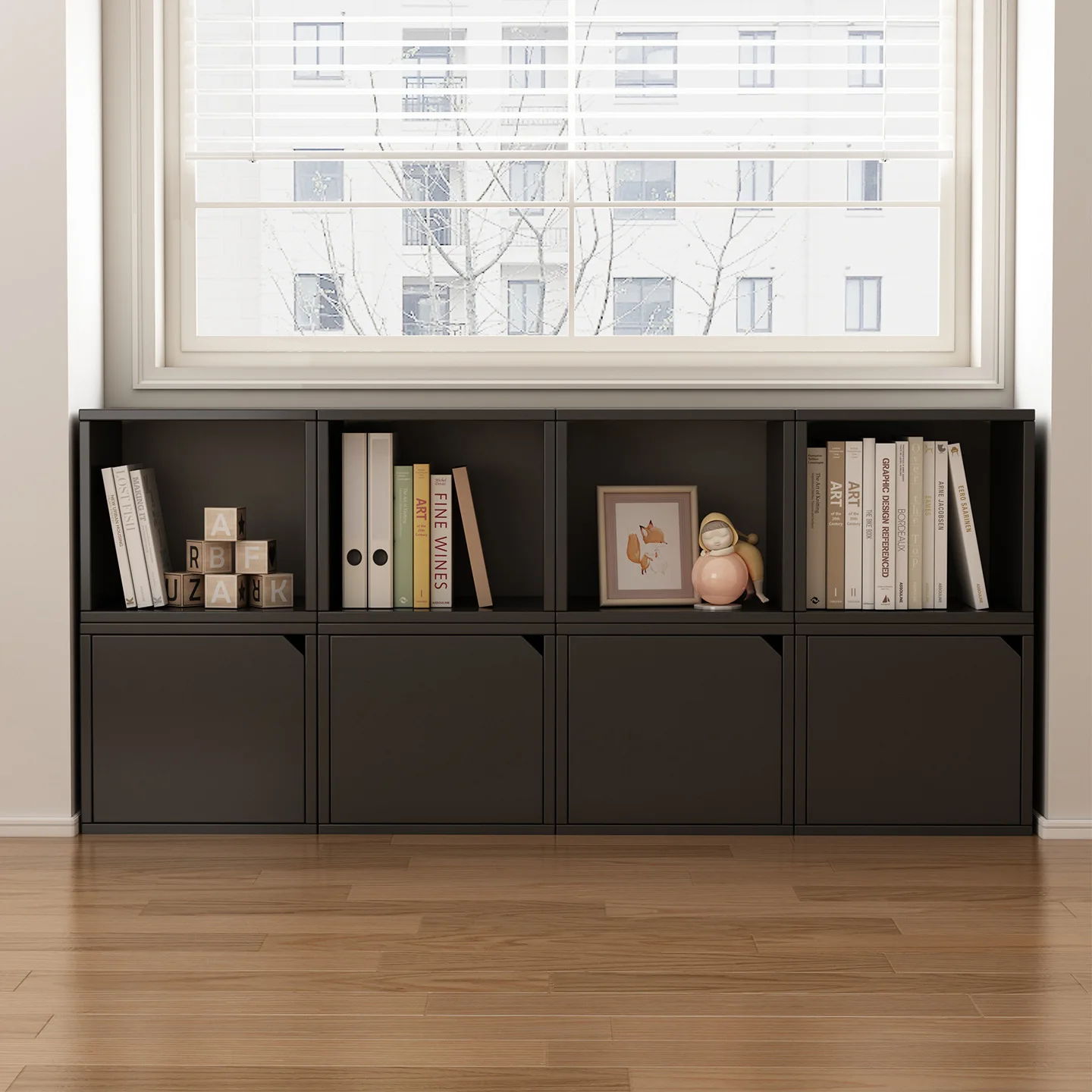 Black bay window cabinet, wall side cabinet, low cabinet, locker, free combination , square lattice, living room