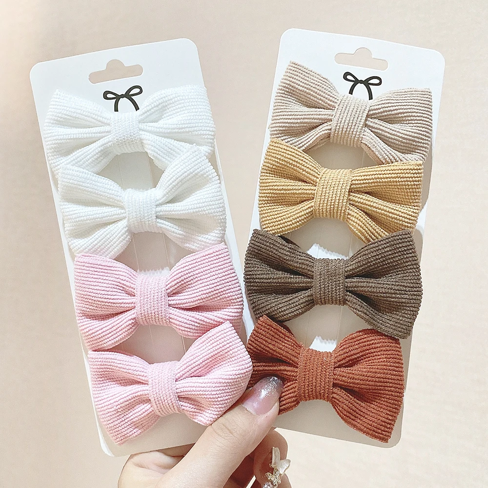 4Pcs/Set 3\'\' Bowknot Hair Clips Solid For Cute Girls Handmade Corduroy Hairpin Barrettes New Headwear Kids Hair Accessories Gift