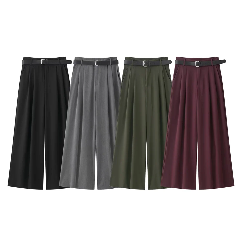 

PB&ZA 2025 Women Grey Wide Leg Trousers with Belt Loose Fit and Pleated Design Fashion for Sale on AliExpress