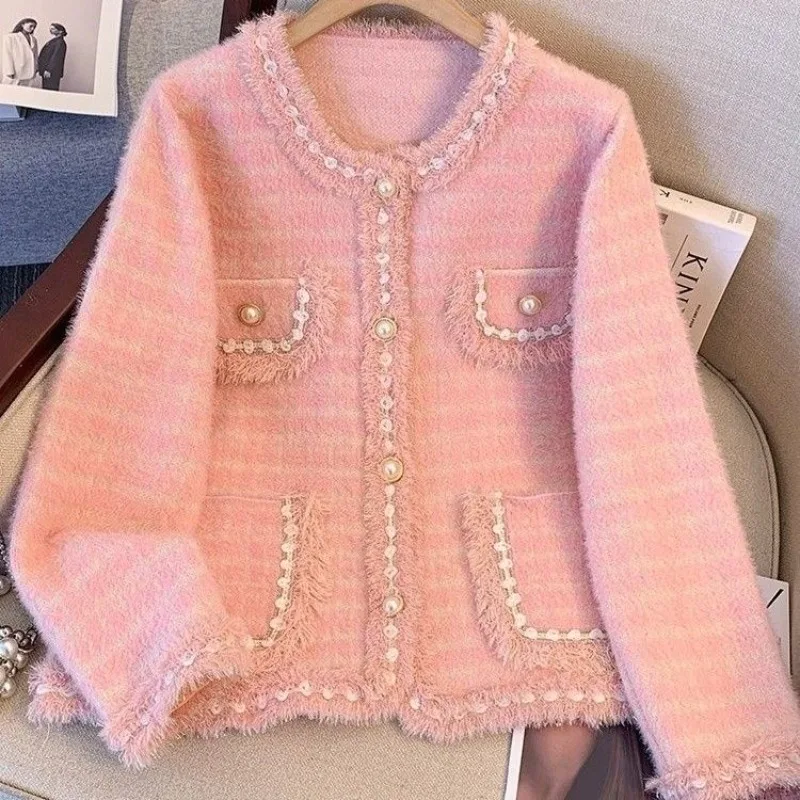 Women's Clothing Coats Trendy Autumn Winter Knitted Cardigan Soft Fluffy Faux Mink Knitted High-end Pink Coats New Loose Black