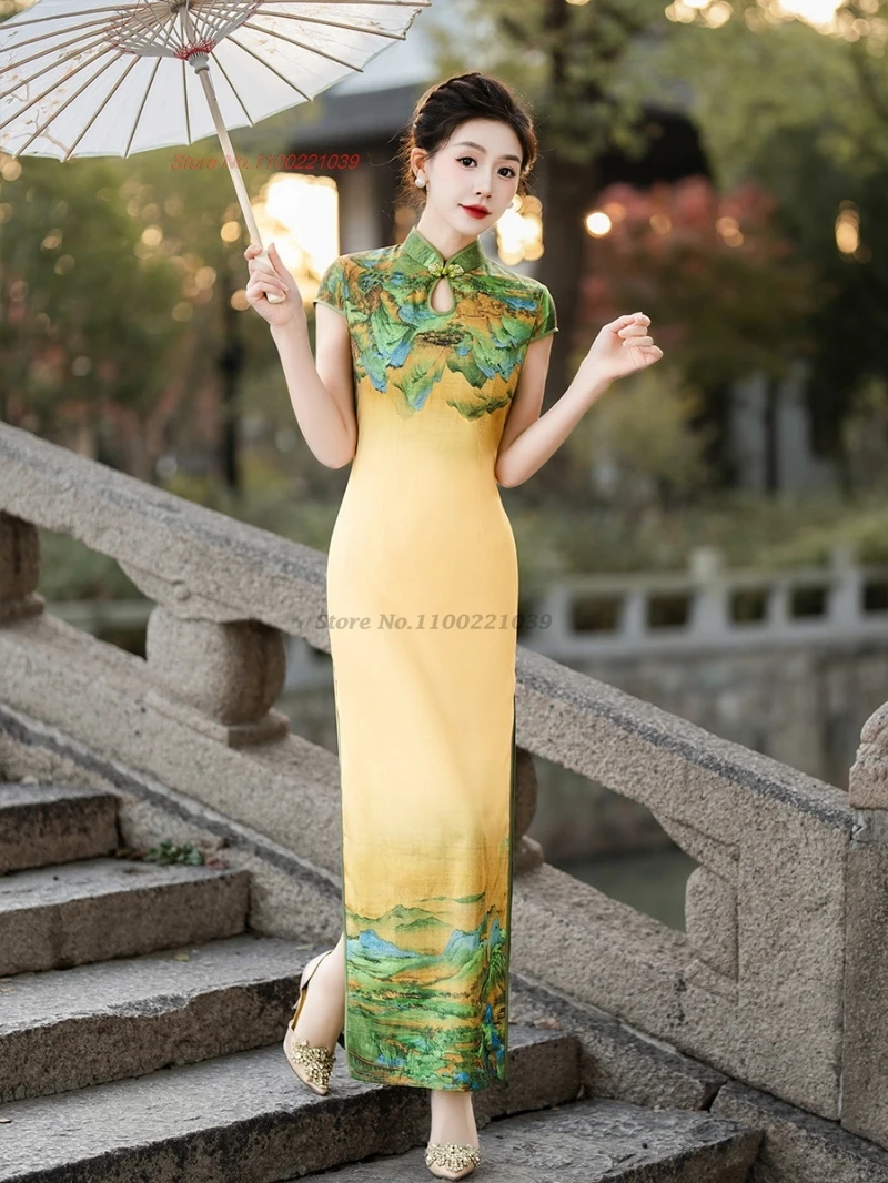 

Китайское винтажное платье 2021, улучшенное платье Cheongsam с цветочным принтом fomal qipao, восточное платье для выступления на сцене, банкетное вечернее платье