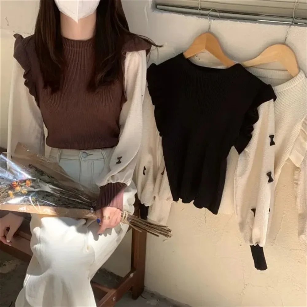 Vintage Patchwork Ruffles Knitted Sweater Women Brown Sweet Bow O-Neck Pullover Korean Black Students Preppy Lantern Sleeve Top