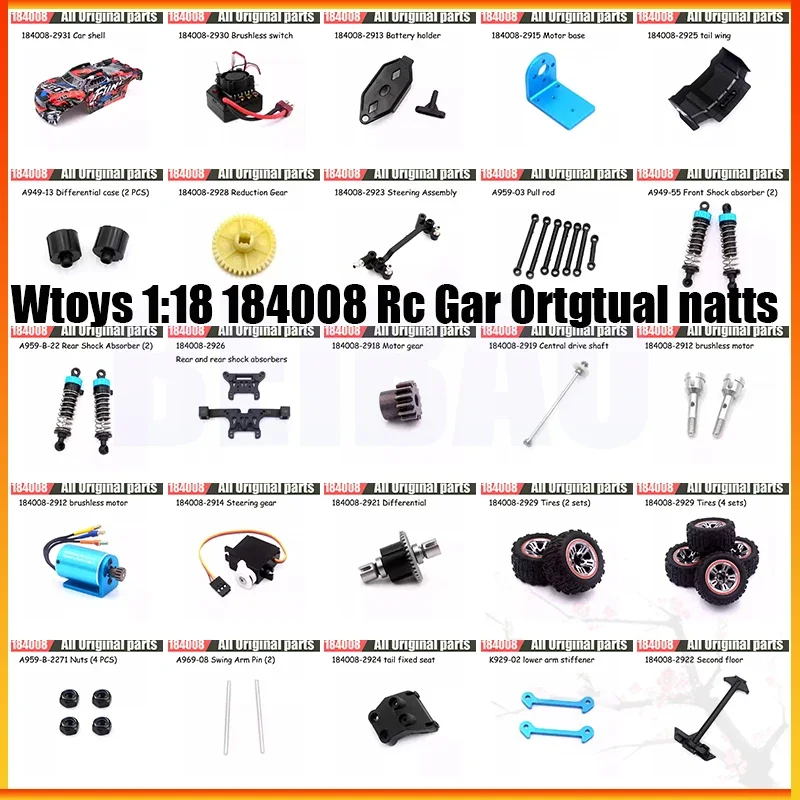 Peças Originais para Carro WLtoys RC, Concha Diferencial Do Motor, Pneu, Engrenagem Da Direção, Eixo De Transmissão, Chassi, 1:18, 184008