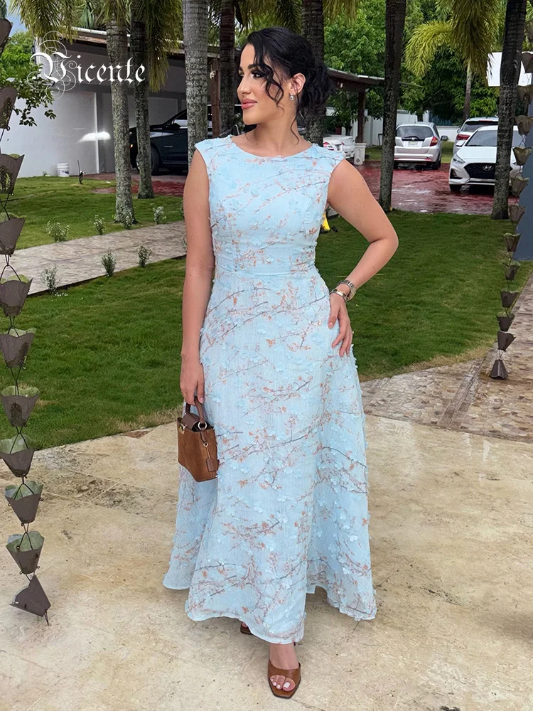 Light Blue Sleeveless Round Neck 3D Floral Print Maxi Dress A Line Flowy Wedding Guest Bridal Shower Garden Party Casual Dress