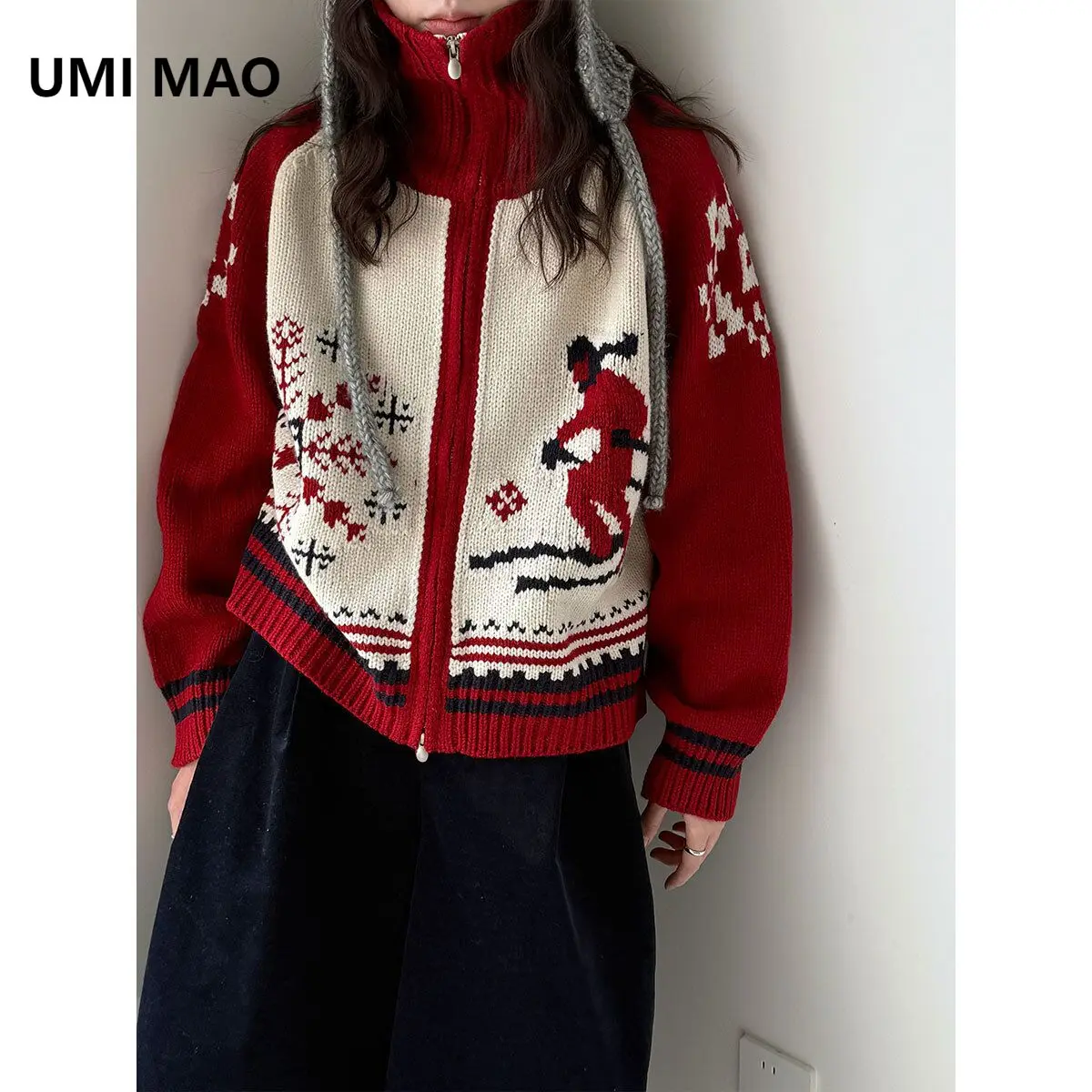 

UMI MAO Top Fair Isle Jacquard Double Zipper Sweater Women New Lazy Christmas Style Knitted Cardigan Autumn Winter Femme