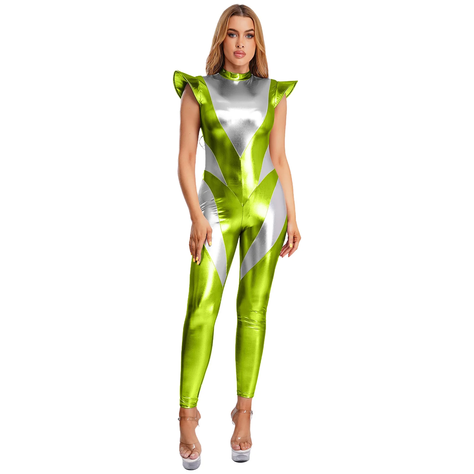 

Carnival Halloween Women Alien Astronaut Outfit Fly Sleeve Leggings Pants Iridescent Metallic Jumpsuit Space Theme Party Unitard