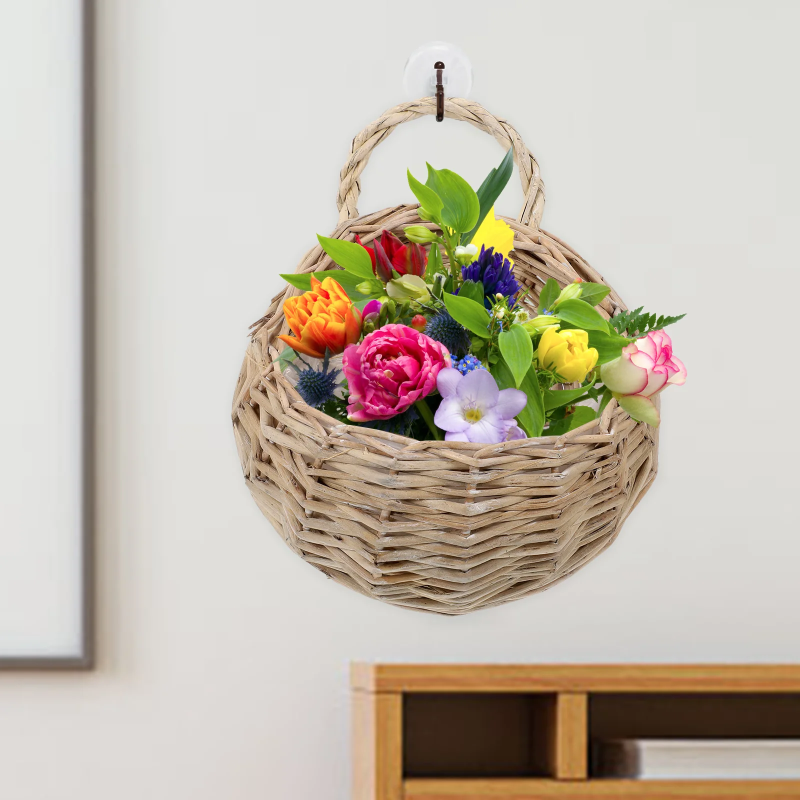 Pendurado na parede vime rattan cesta de flores vasos plantas de interior suporte de flores decorativo