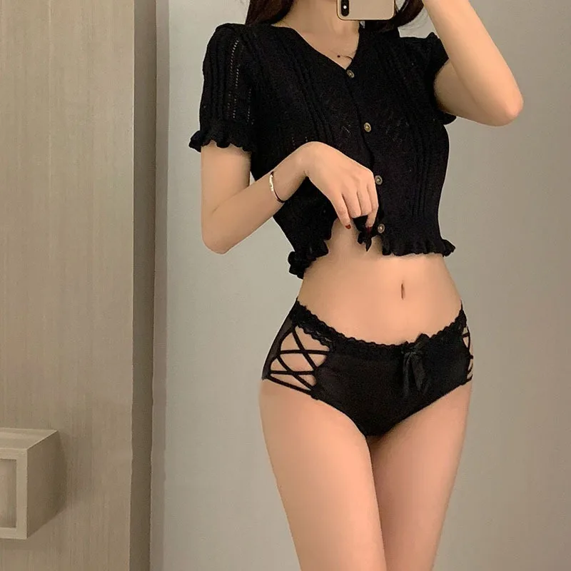 Japanese Fashion Enchanting Comfortable and Colorful Sexy Ice Silk Briefs Women\'s Low-rise Cut-out Mesh Bow Cross-strap Briefs