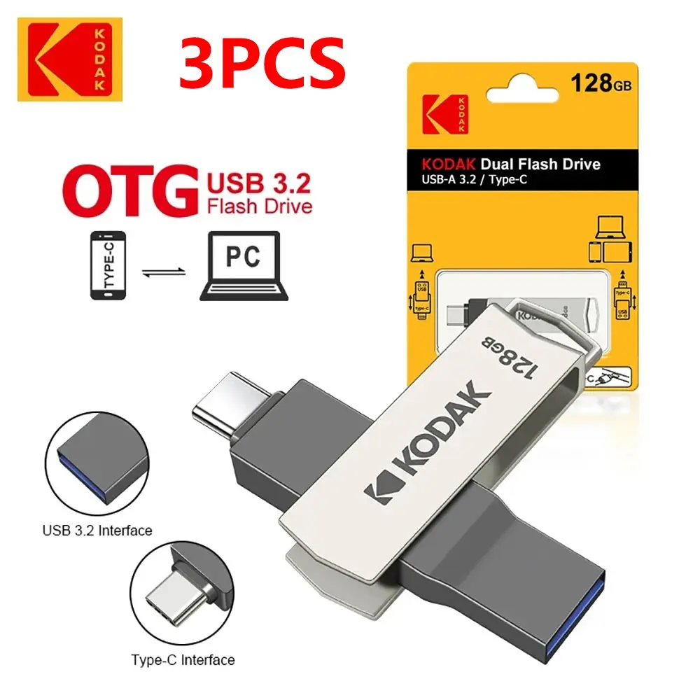 3 PCS Kodak K273 USB 3.2 Metal USB Tipo C 2 em 1 Unidade Flash 32 GB 64 GB 128 GB 256 GB para Smartphone Laptop