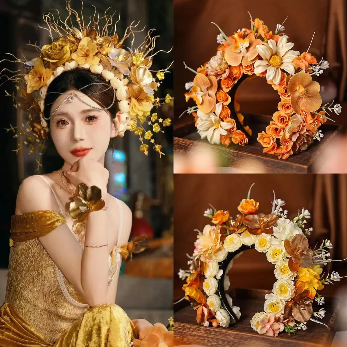 Lxuury Fabric Wide Flower Hairbands Chinese Hans Style Silk Felt Flower Fascinator Hat for Women Crown Tiaras Garlands Headwear