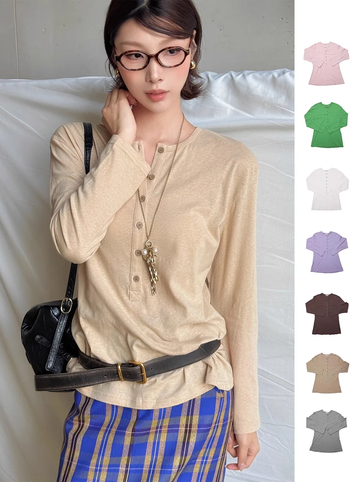 

Брендовая хлопковая футболка с длинным рукавом и воротником хенли, повседневная, стандартного кроя, женская, модная, для весенне-осеннего сезона