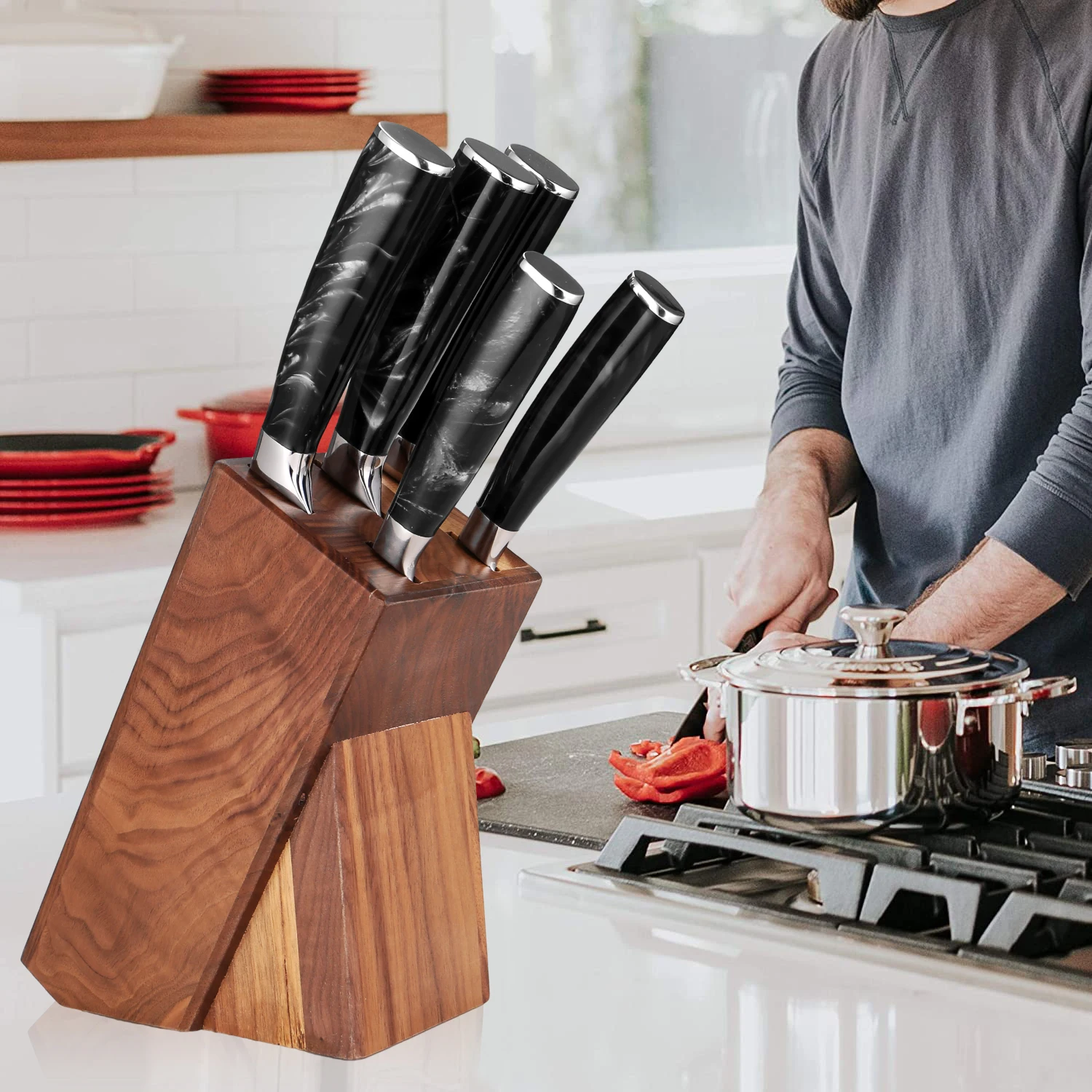 Deluxe Kitchen Knife Set Sharp chef's knife,bread knife,boning knife,fruit knife, solid wood knife holder black Resin Handle