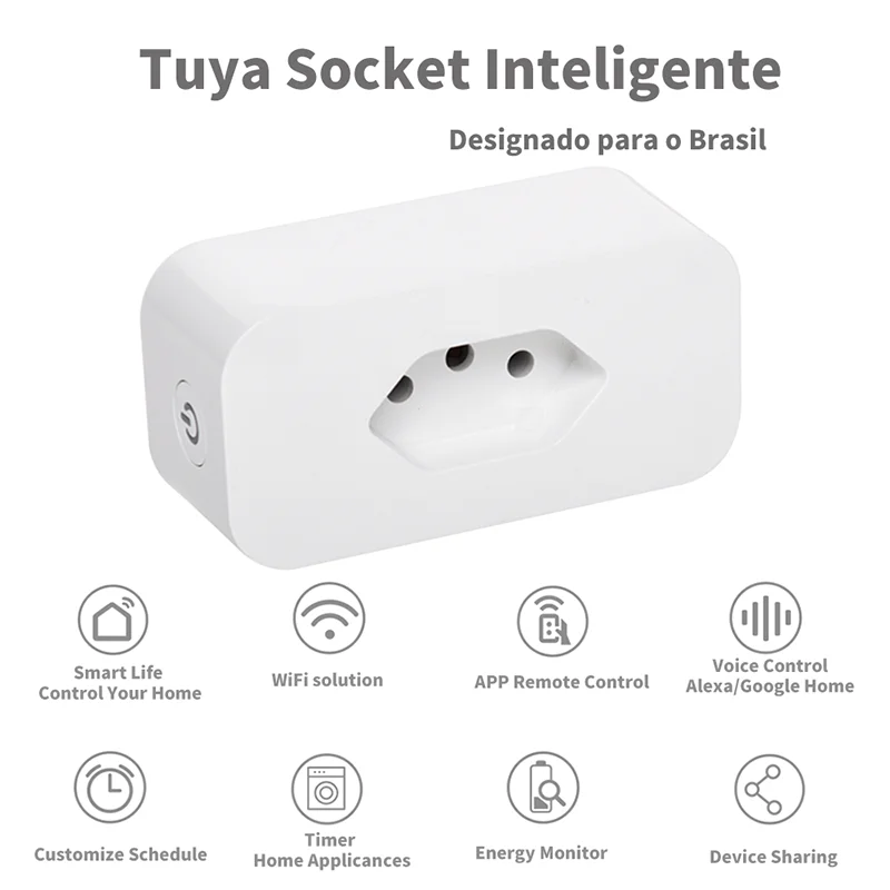 Tuya 16A Brazil Standard WiFi Smart Plug with Power Monitor Smart Life APP Smart Socket Voice Work for Google Home Alexa