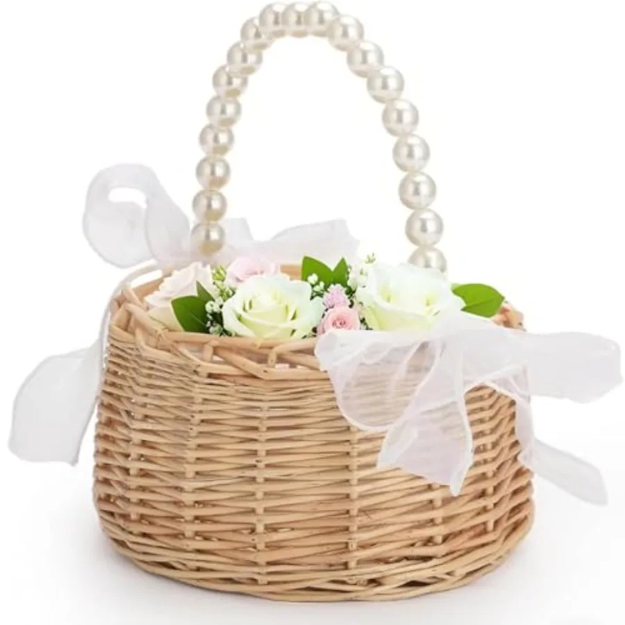Wedding Flower Girl Basket with Pearl Handle Bow and Waterproof Lining for Outdoor Picnic Handwoven Cute Small Wicker Rattan Fa