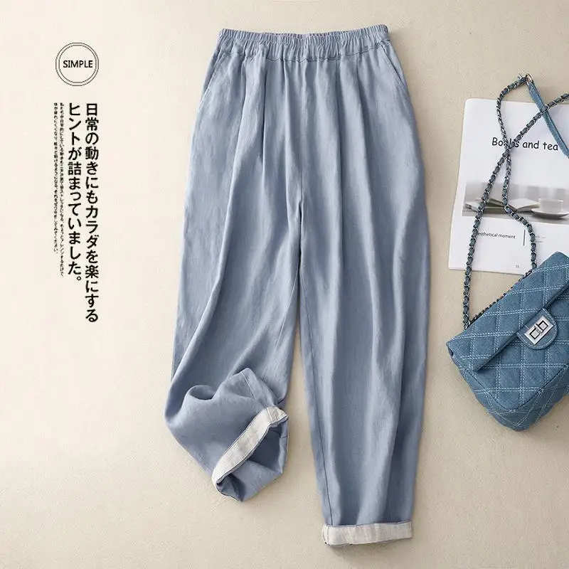 

2024 Summer New Arts Style Women Elastic Waist Solid Loose Ankle-length Pants All-matched Casual Cotton Linen Harem Pants