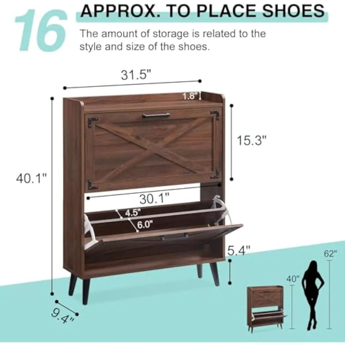 Farmhouse-style slim shoe cabinet with two adjustable flip drawers two-tier interior dividers tapered legs top shelf for keys ve