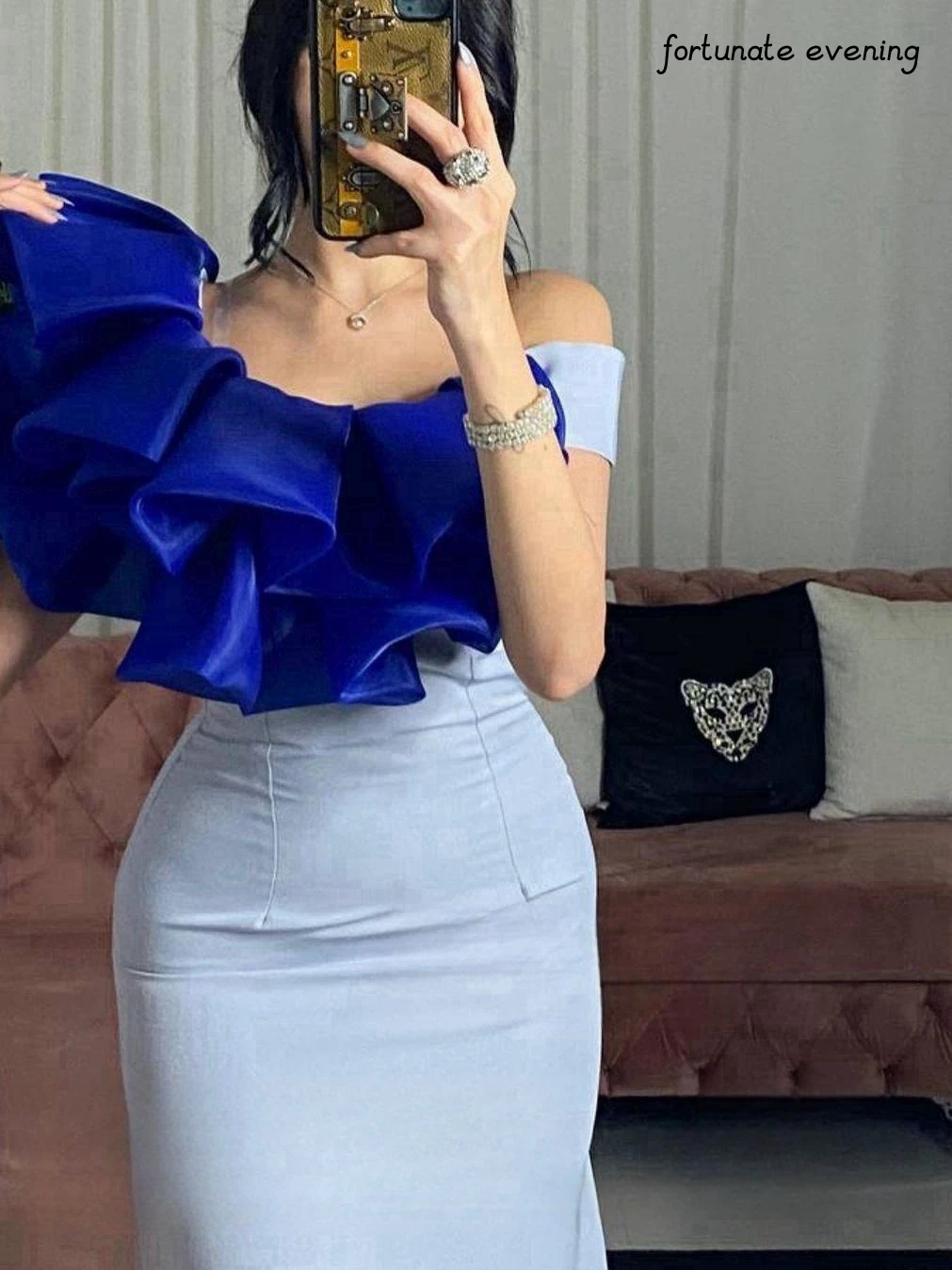 Fortunate Evening Elegant Vintage Mermaid Ruffle Blue One Shoulder Customized Formal Occasion Prom Dress Evening Party Gowns