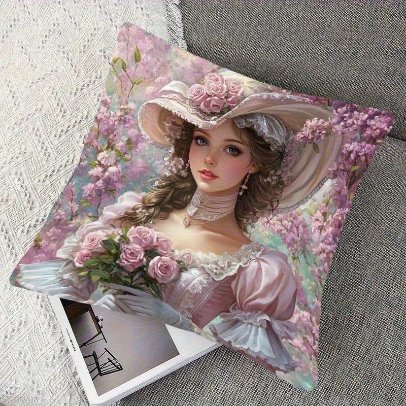 1pc Oil Painting French Woman Pillow Cover 2D Double-Side Print Polyester Cushion Case for Home Car Interior Sofa Bedroom Decor