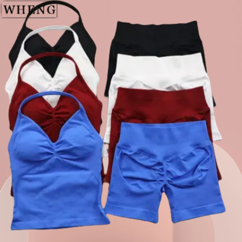 

WHENG 2 шт. бесшовный комплект для йоги женский мягкий топ на бретельках с подтяжкой ягодиц спортивные шорты комплект летняя спортивная одежда тренировочная одежда