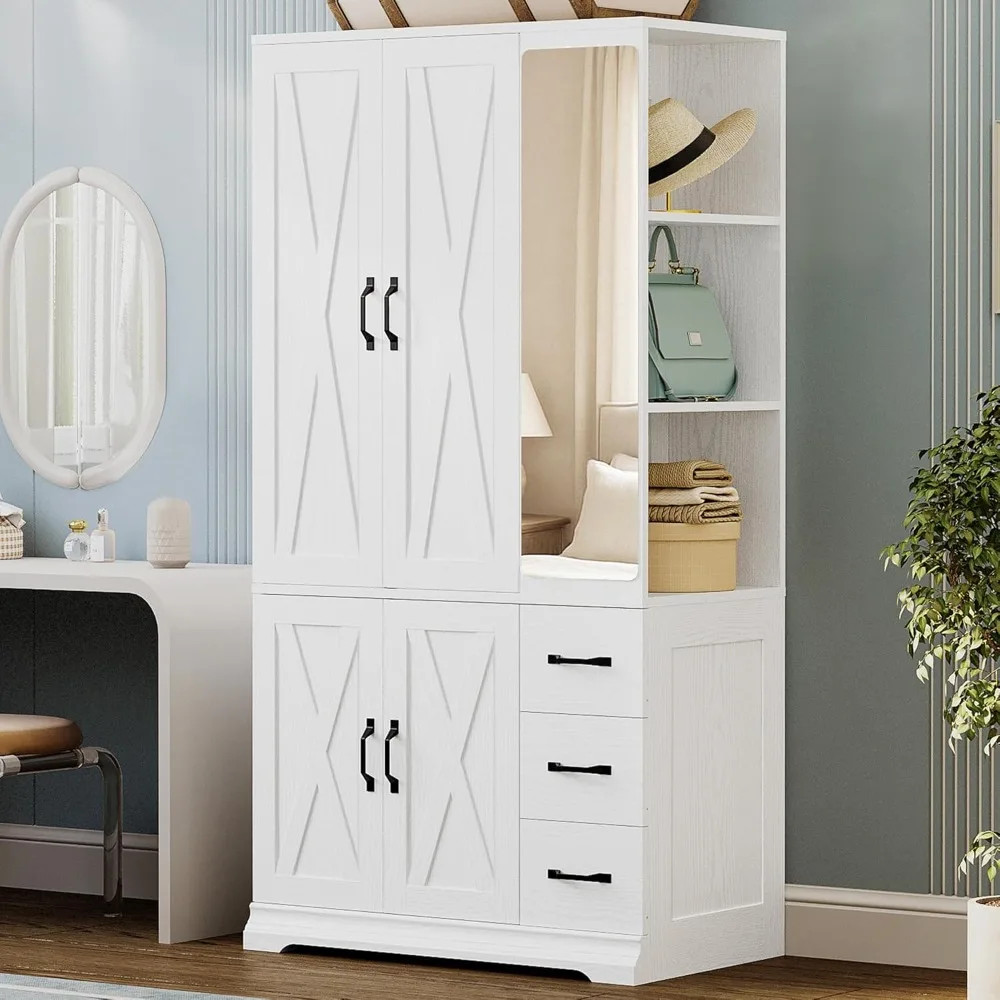 

Wardrobe Closet with Mirror, 70.9 H × 36.2 W, Bedroom Armoires with 4 Doors, 3 Drawers and Shelves, Large Clothin