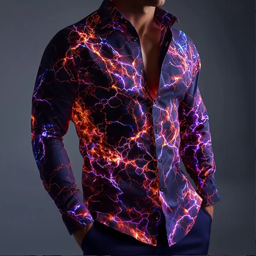

Новая мужская рубашка с длинным рукавом и отложным воротником, с 3D-принтом «Цветная молния» на фиолетовой основе, модная и стильная