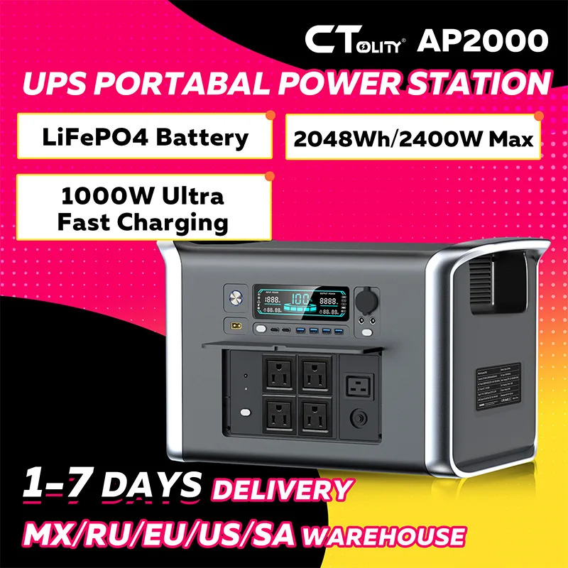 

CTOLITY AP2000 2400W Solar Generator Portable Power Station 2048wh Camping LiFePo4 Battery Backup UPS Emergency Home Appliances
