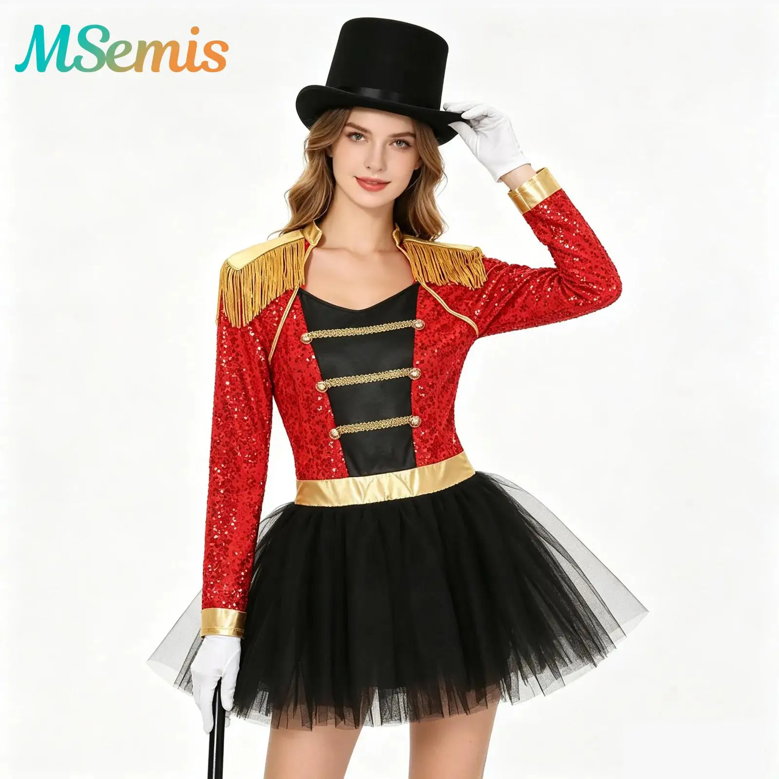 Conjunto de 4 Piezas de Disfraz de Maga o Director de Circo para Mujer, Vestido de Tul con Lentejuelas de Manga Larga, Sombrero de Bombín, Guantes y Varita Mágica