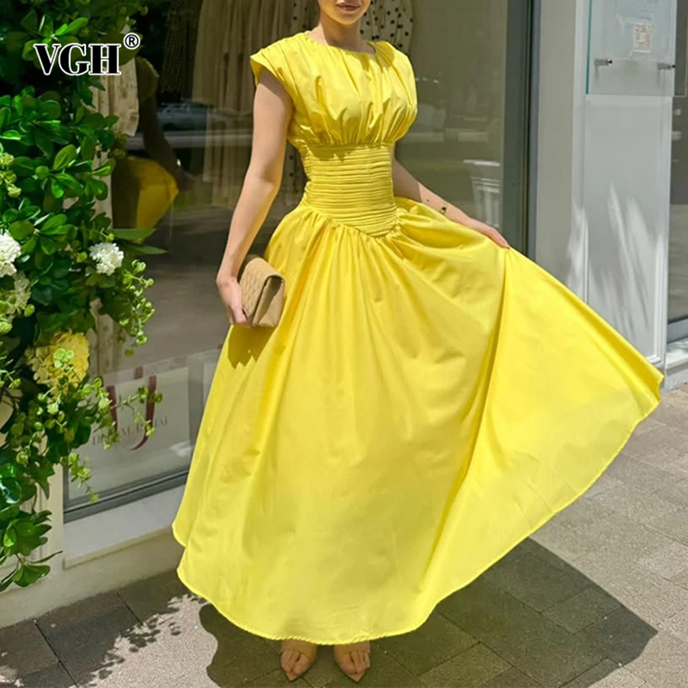 

VGH Casual Slimming Solid Long Dresses For Women Round Neck Short Sleeve High Waist Summer Designer Dress Female Fashion Style