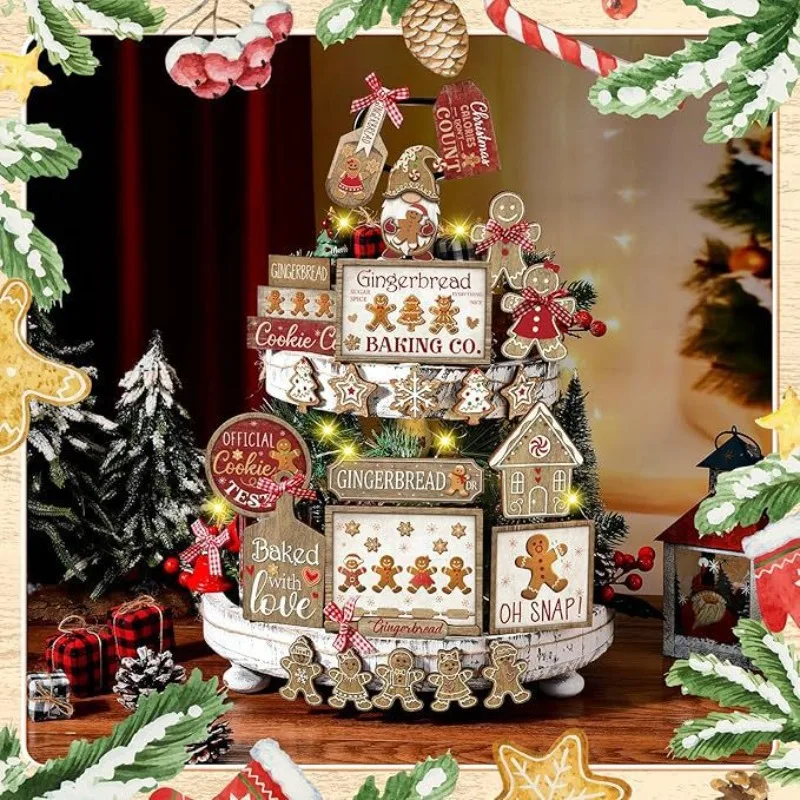 

24 Pcs Rustic Christmas Decor Set Wooden Tiered Tray Fillers for Farmhouse Table Centerpiece Gingerbread Elf Snowflake Ornaments