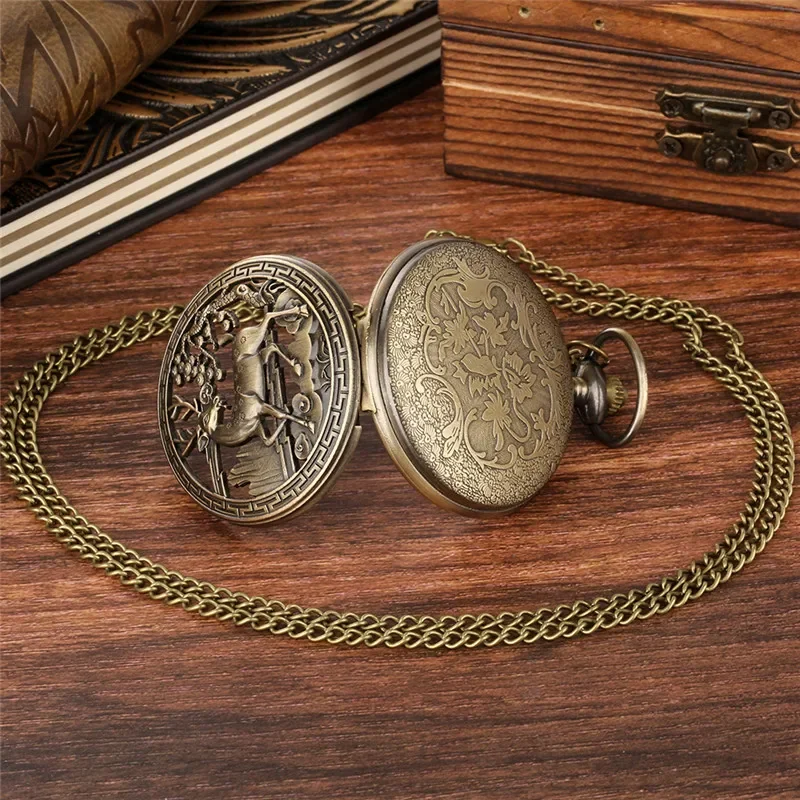 Vintage Hollow Out Elk Flower Case Half Hunter Quartz Pocket Watch for Men Women Necklace Pendant Chain Arabic Number Clock