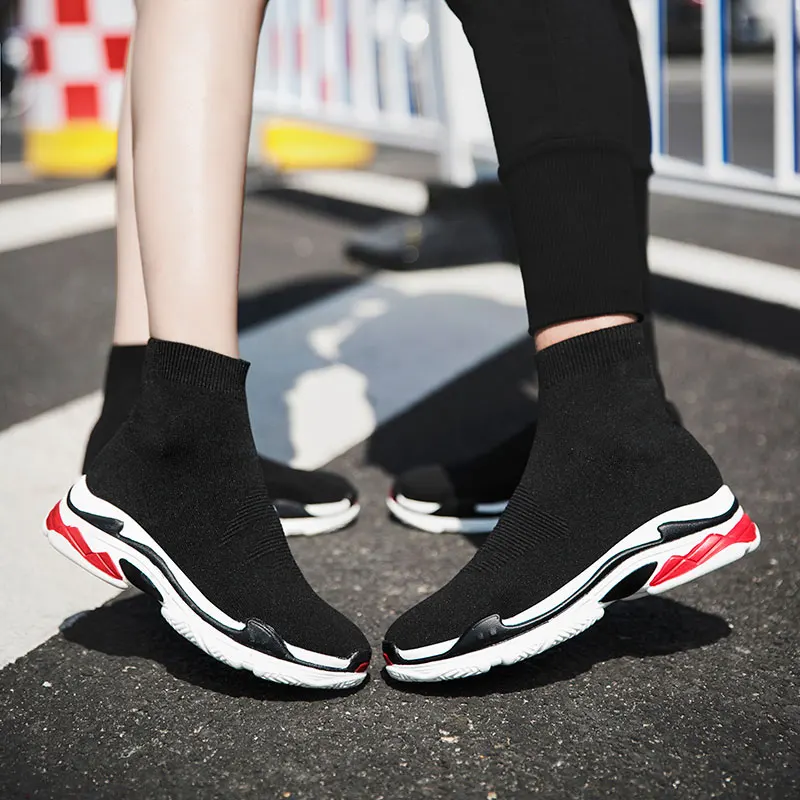 MWY Black Sneakers for Women Platform Vulcanized Shoes Female Socks Shoes Sports Trainers Men Slip-on Stretch Upper Size 35-47