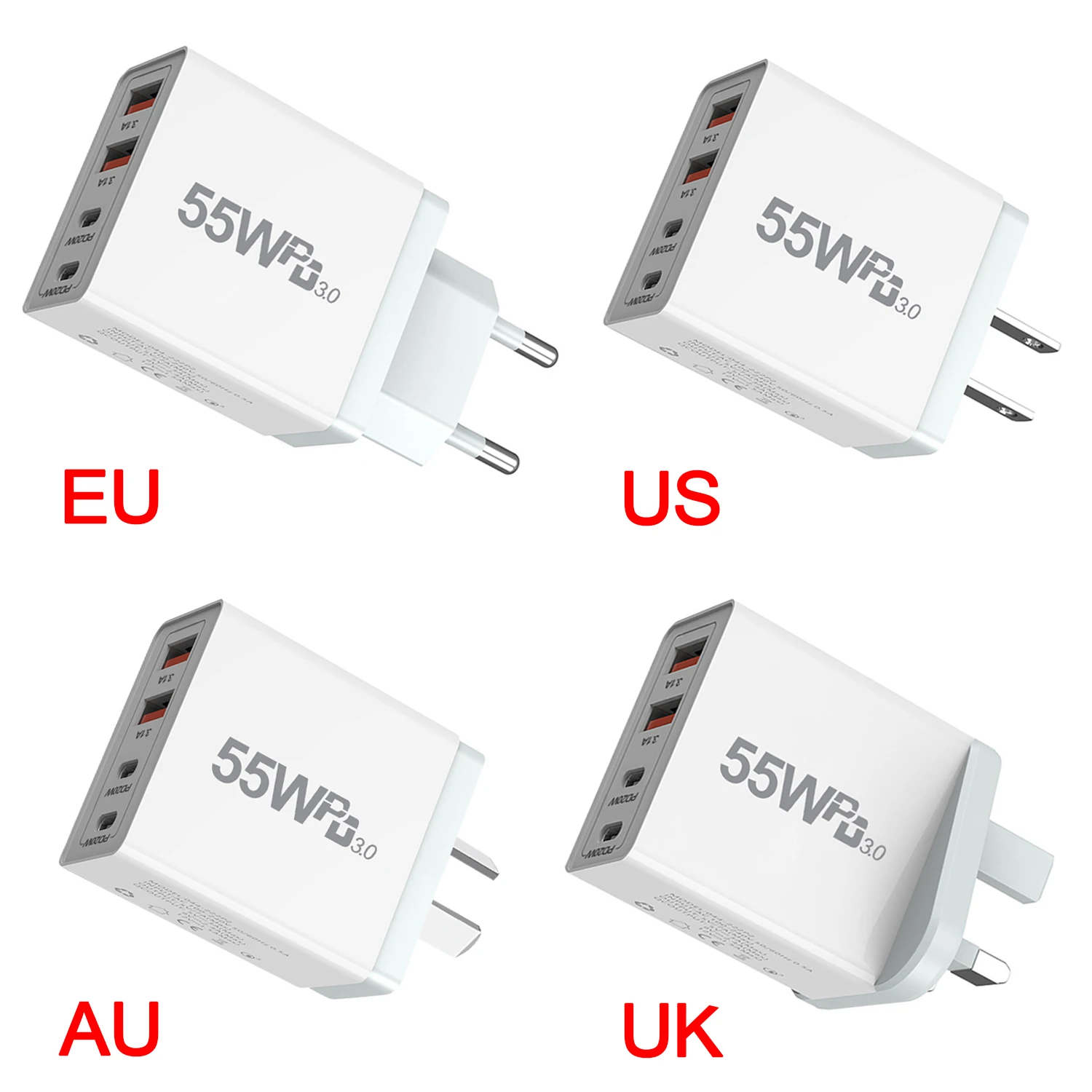 Fast Charger EU/AU/US/UK Plug, USB TYPE-C 4-Ports, 3.1A USB Charger, Type-C PD20W Fast Mobile Phone Adapter Quick Charger